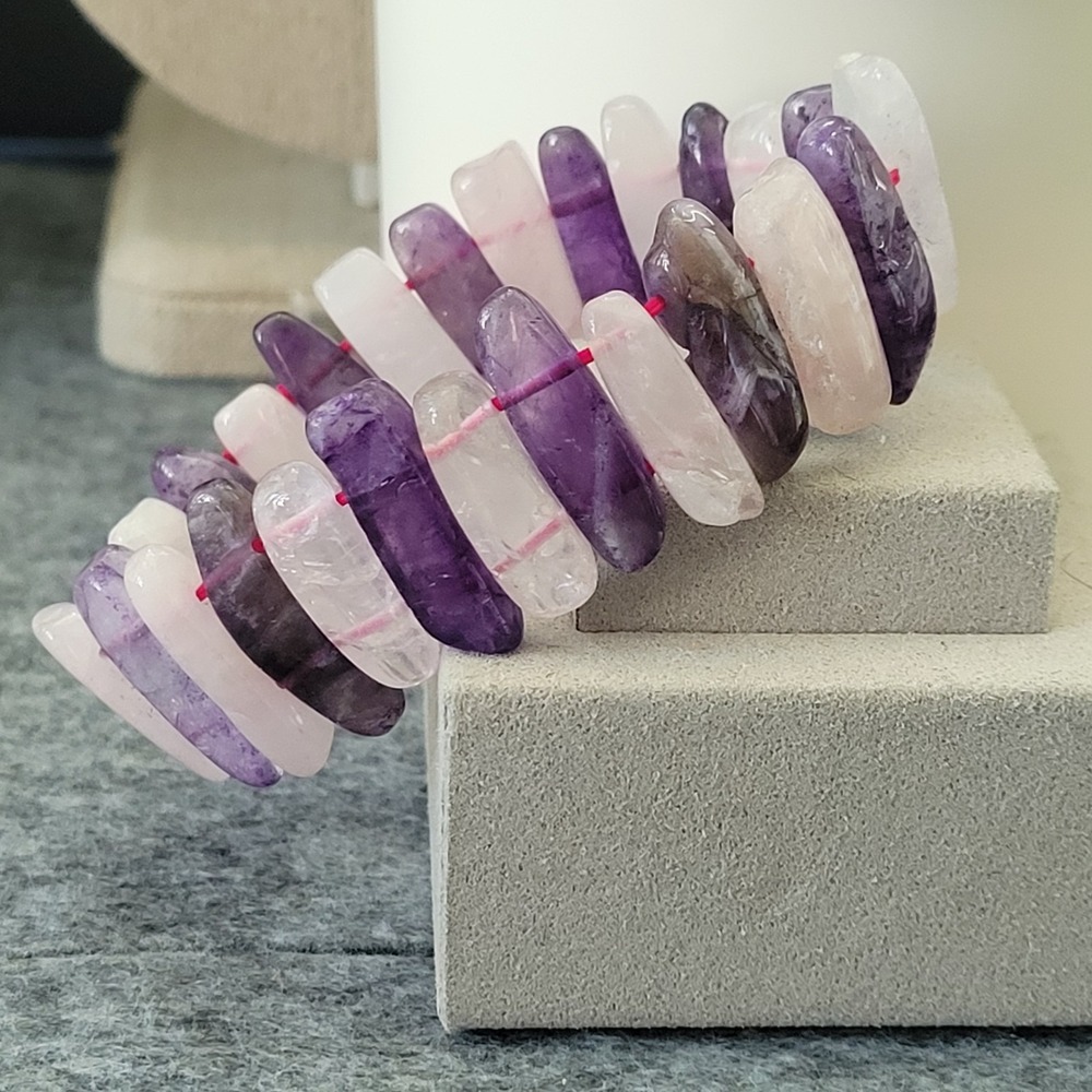 Chevron Amethyst Rose Quartz Stretch Statement Bracelet Banded Purple Pink